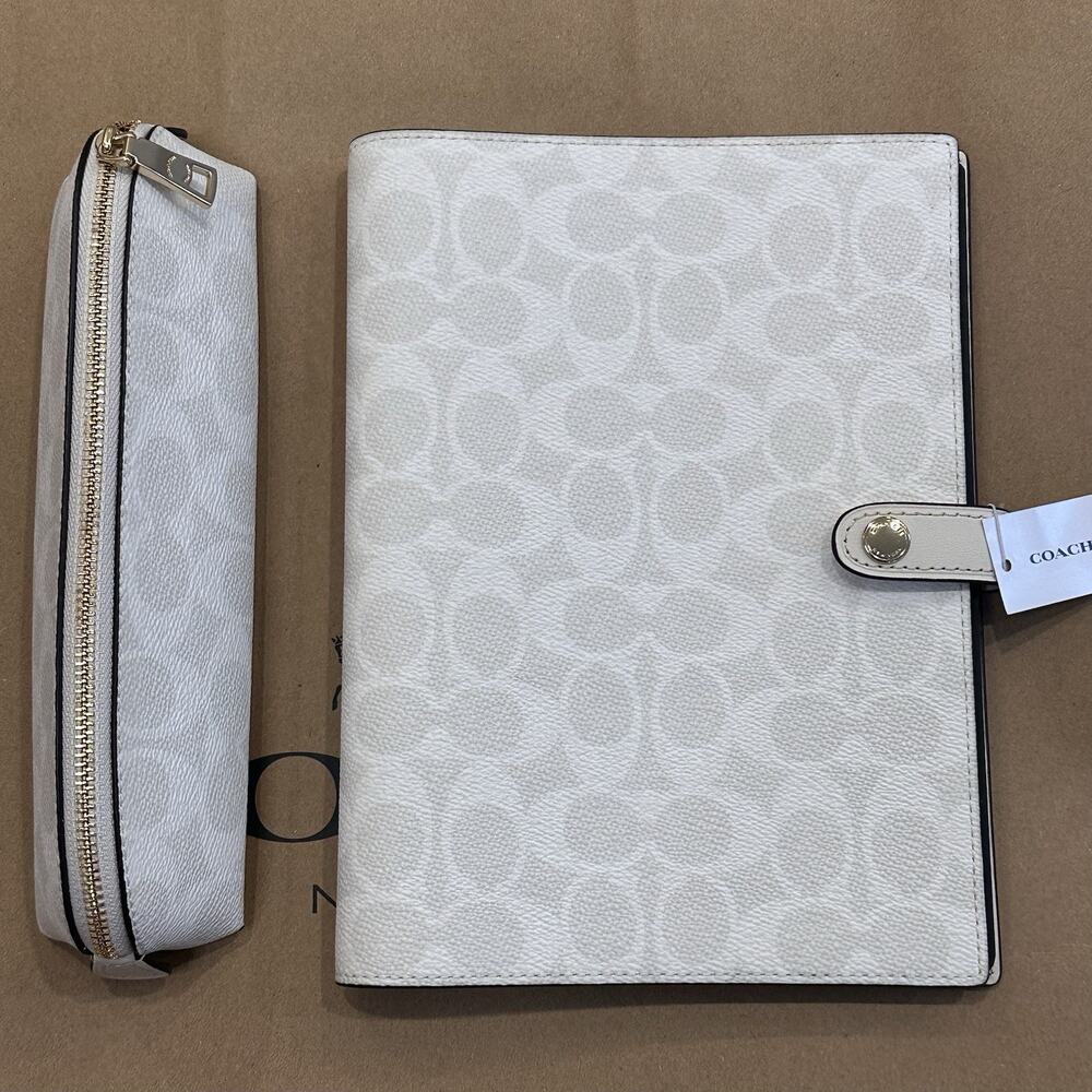 Coach NEW Notebook Canvas Signature White/Chalk Pencil Case Set Bundle RARE